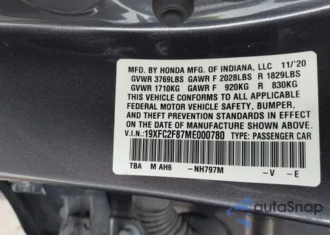 2021 Honda Civic Sport from USA, damaged, VIN 19XFC2F87ME000780